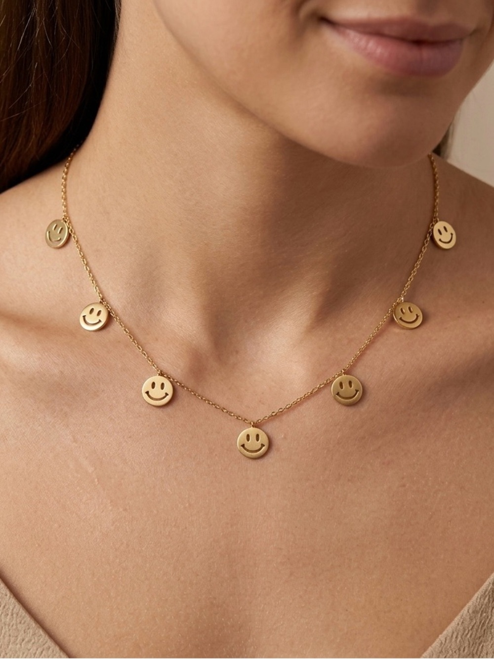Smiley Face Disk Necklace | 14K Gold Plated | Water Resistant Dainty Jewelry